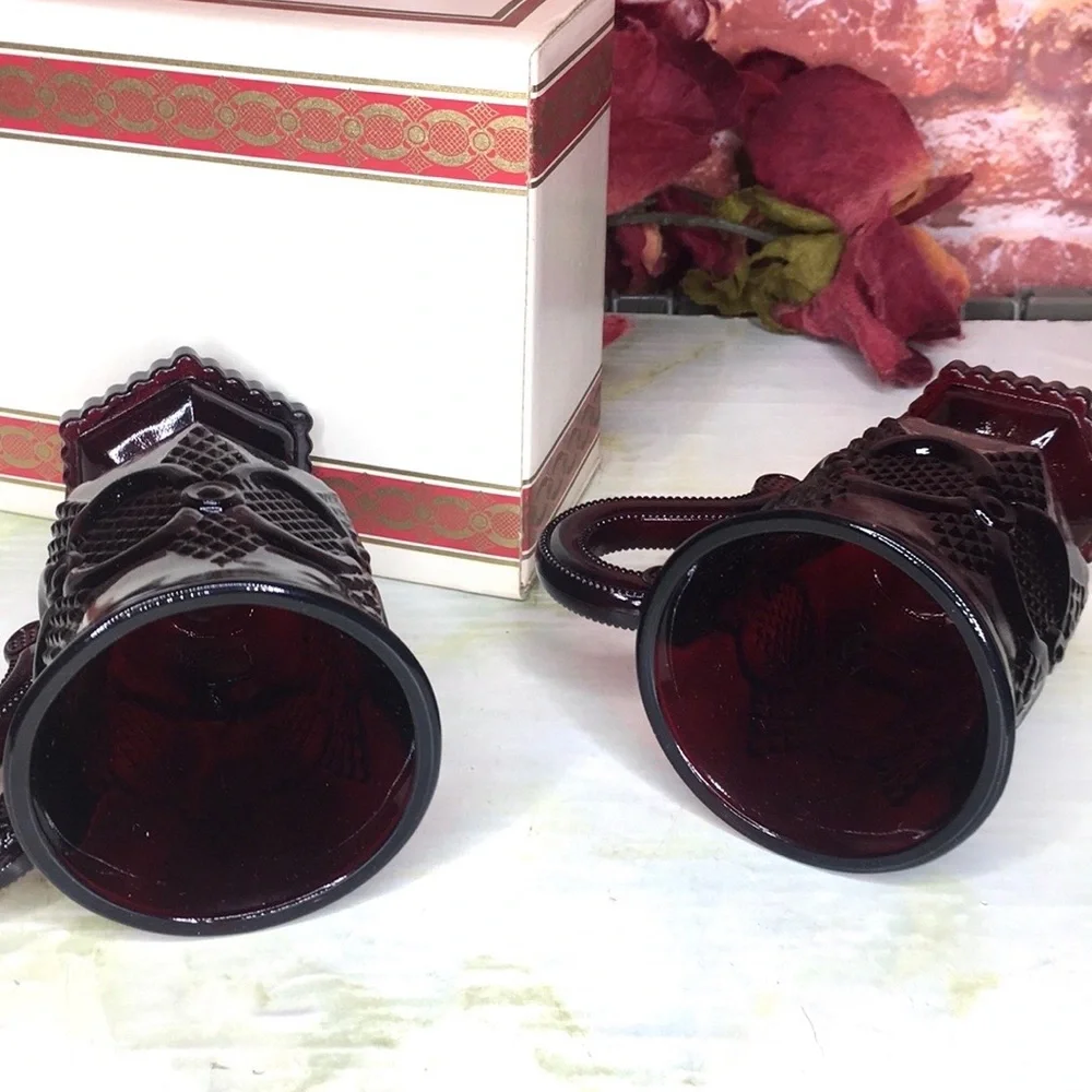 Vintage Avon 1876 Cape Cod Collection Ruby Red Glass Pedestal Mugs